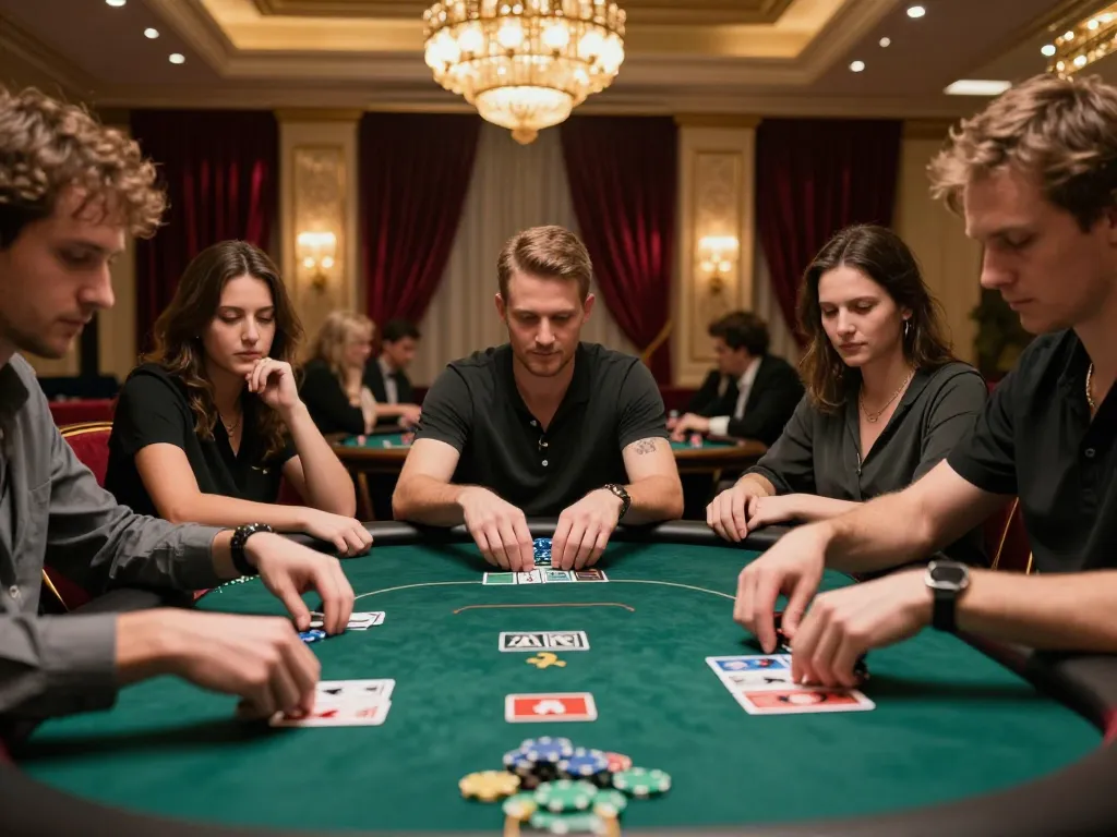 Players strategizing during an intense poker session at 98win's luxurious casino.
