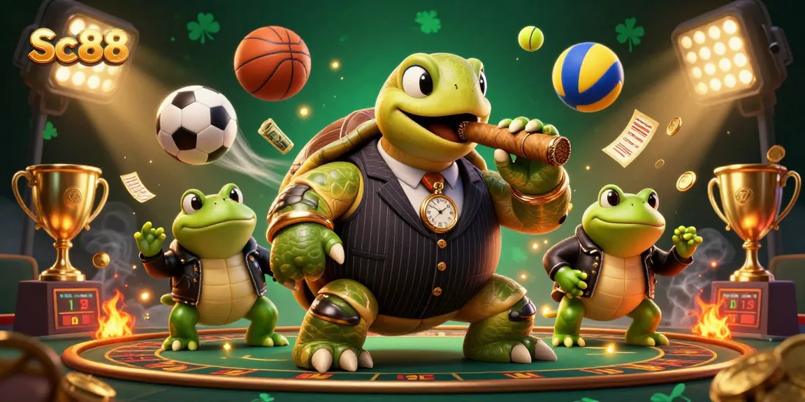 Sc88 showcases a vibrant casino scene with a charming turtle mobster surrounded by animated sports elements.