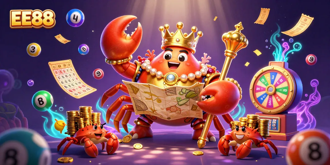 Win big with EE88 at this immersive casino scene featuring a royal crab and vibrant gaming elements.