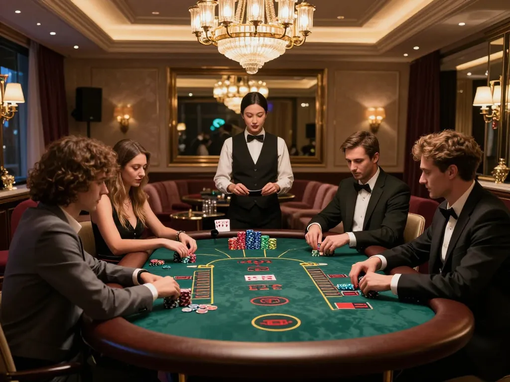 OK365 players strategizing at a luxurious blackjack table in an elegant casino.
