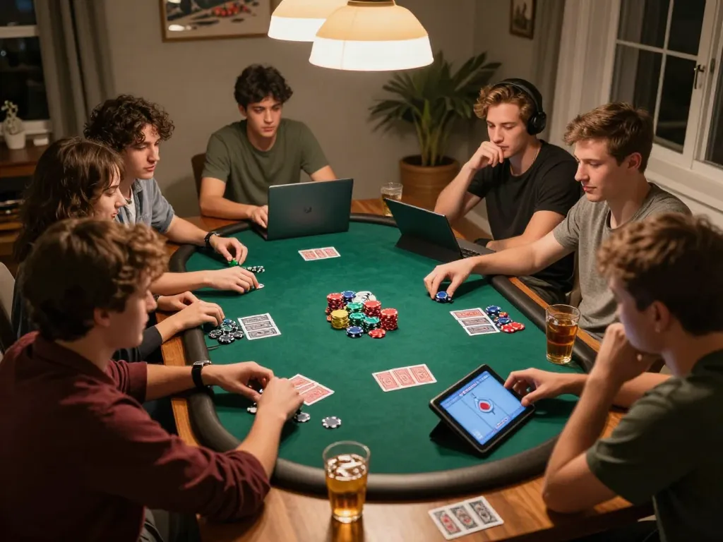 Friends enjoying fun88 poker night at home with laptops, snacks, and excitement.