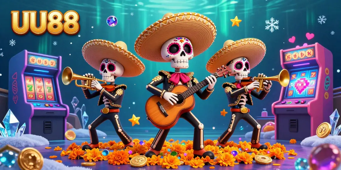 Play slots and win big with UU88 in a vibrant casino scene featuring Dia de los Muertos characters.