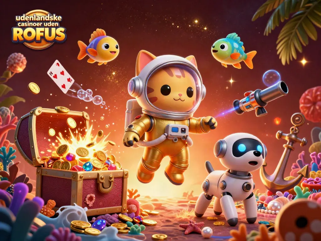 Play at udenlandske casinoer uden ROFUS, featuring a vibrant 3D scene with casino elements and characters.