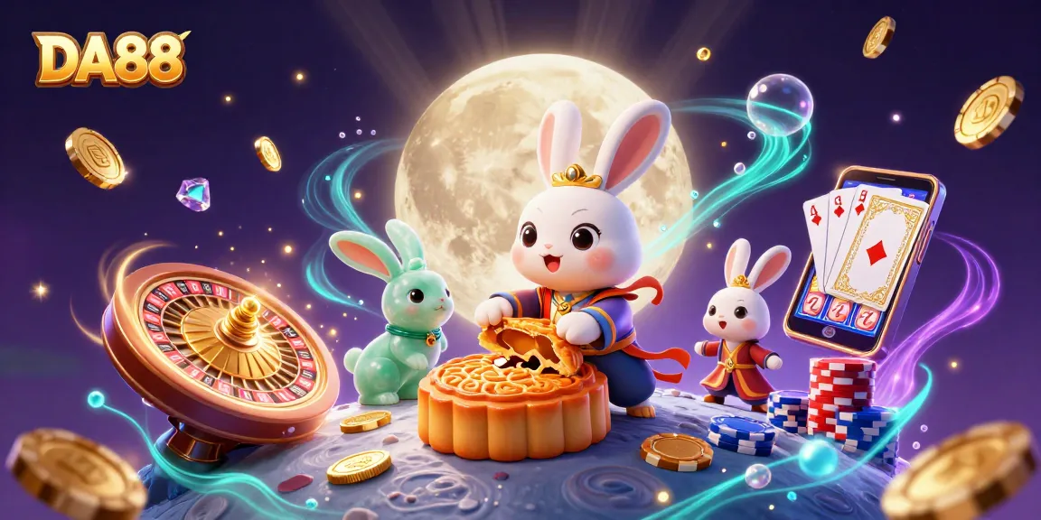 Win big at DA88 with a lively illustration of a moon rabbit revealing poker chips and wealth.