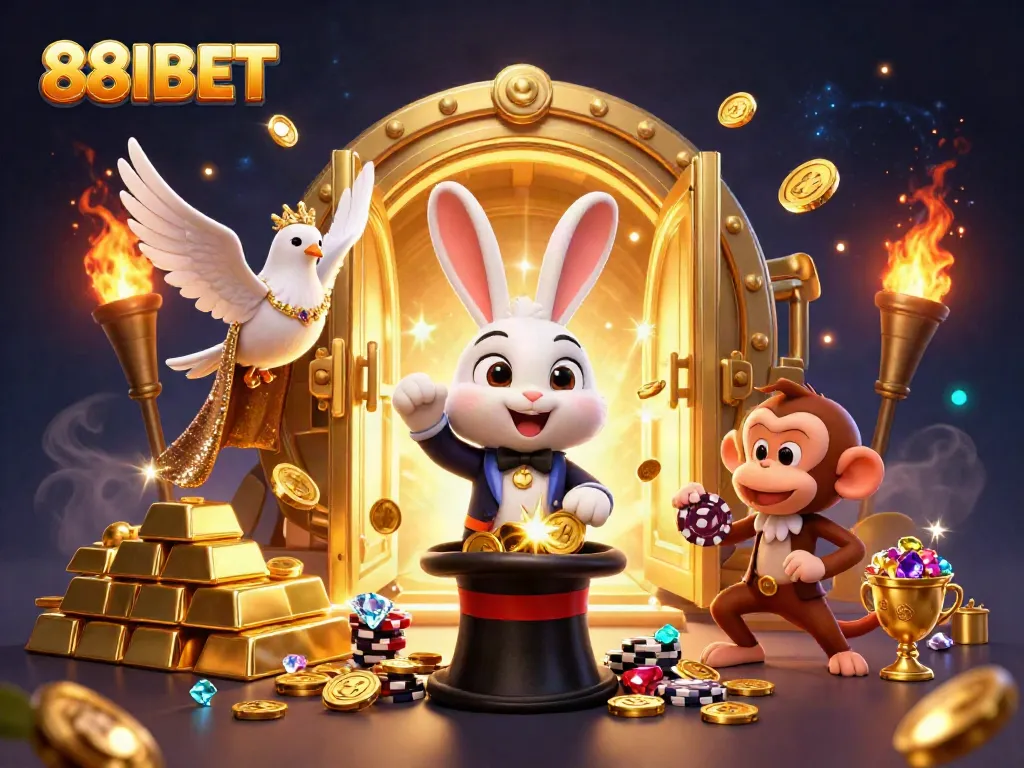Play and win with 88IBET in a dynamic casino scene filled with gold and charm.