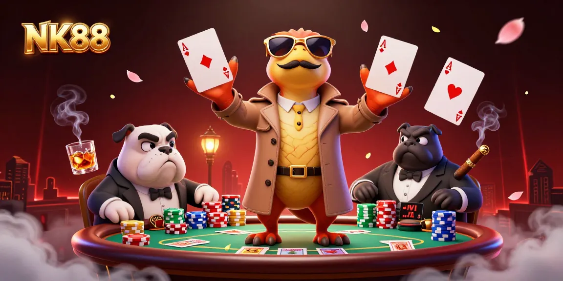 Bet big at NK88 casino with raptors in disguise entering a VIP lounge, showcasing poker elements.
