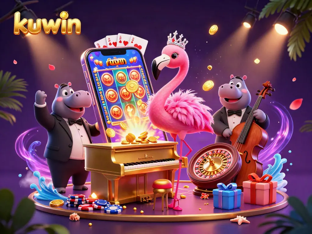 Win big with kuwin in a vibrant casino scene featuring colorful games and lively characters.