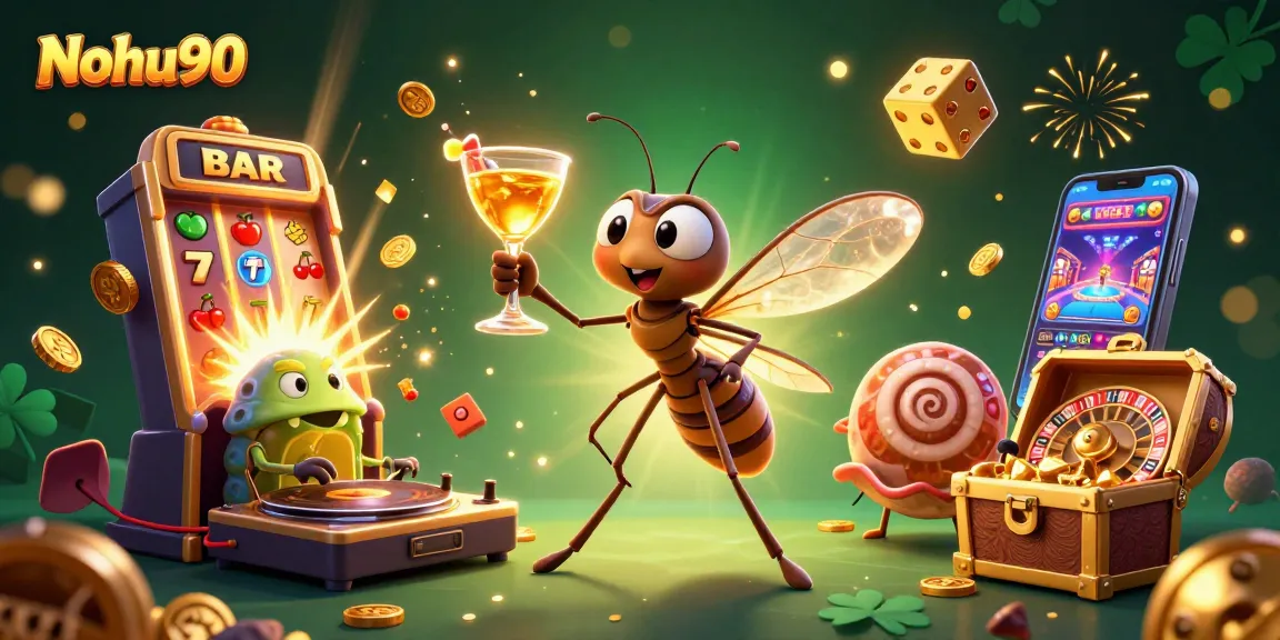 Nohu90 casino illustration featuring a vibrant 3D mosquito mascot with a cocktail, celebrating a big jackpot win.