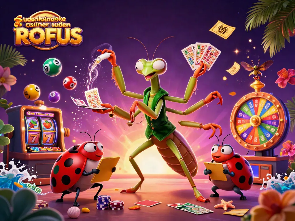 Engaging scene with udenlandske casinoer uden ROFUS showcasing a giant praying mantis and ladybug amidst lively casino elements.