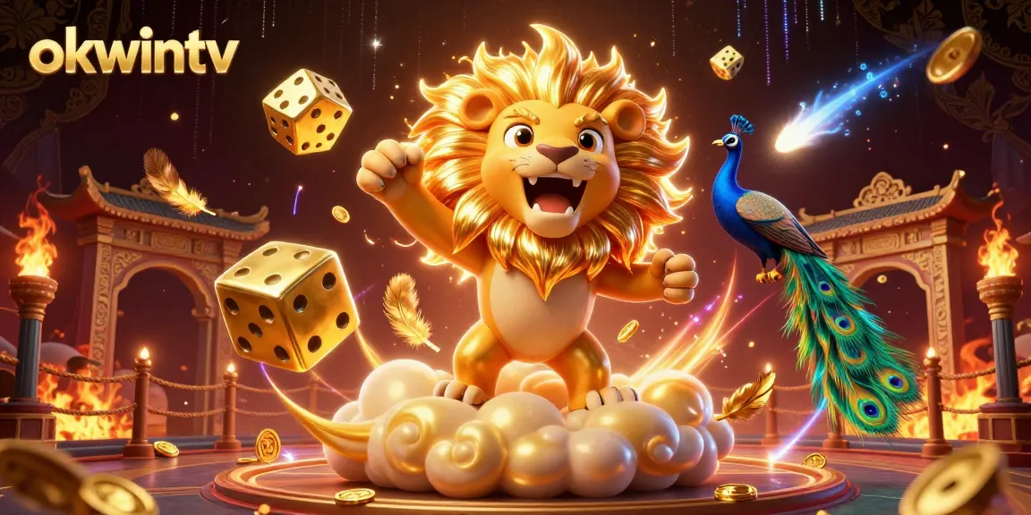 Experience the excitement of betting with okwintv, featuring a lion, golden dice, and vibrant casino elements.