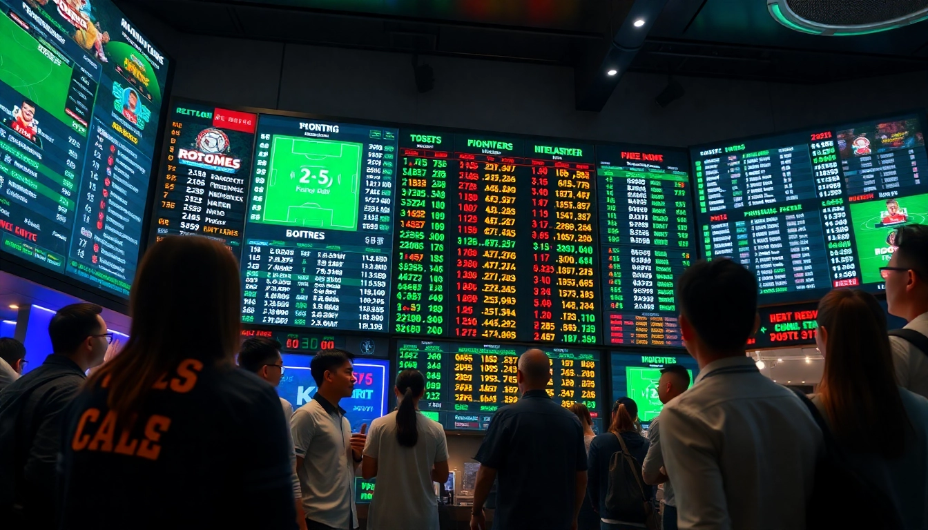 Tỷ lệ kèo nhà cái displayed on a dynamic betting board in a vibrant sports environment, reflecting live betting excitement.
