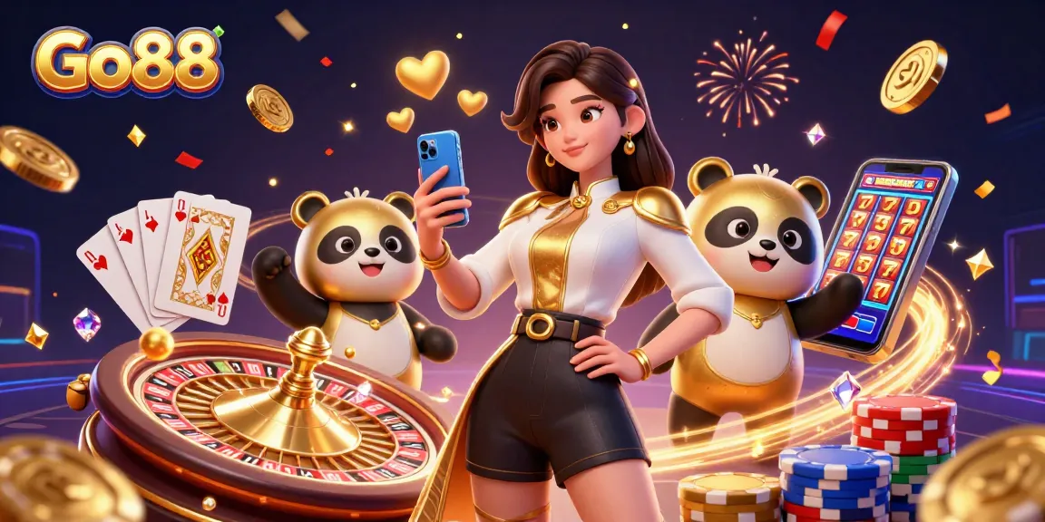 Experience exciting gaming action at Go88 with golden panda mascot enjoying casino fun.