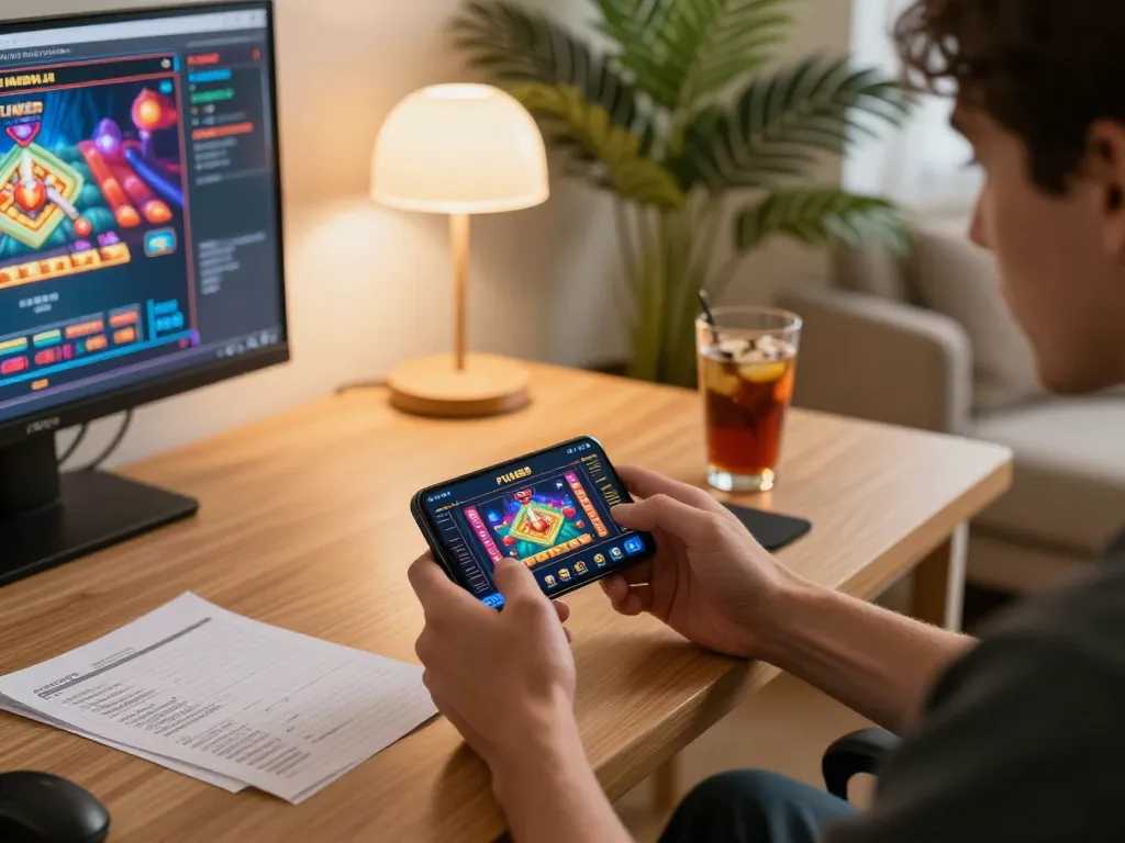 Player engaging with FUN88 mobile app in a cozy home setup, reflecting online gaming excitement.