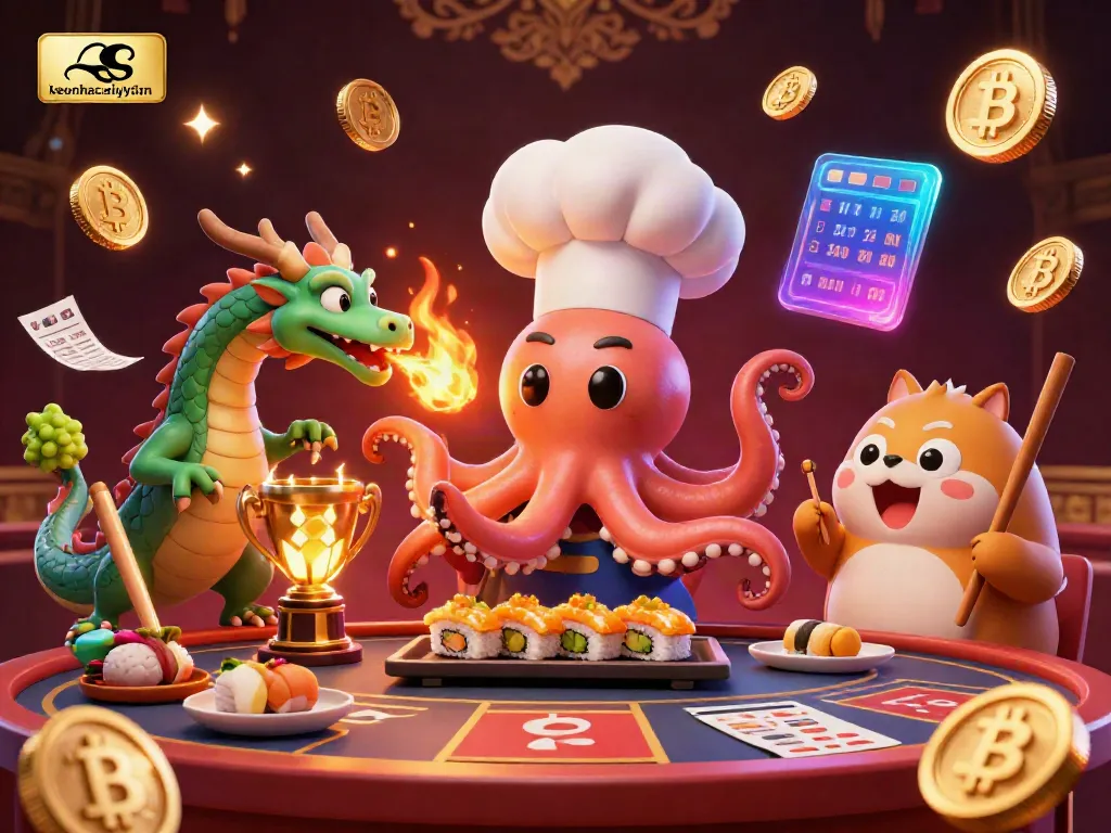 Engage with keonhacaiuytinn's vibrant sports betting scene featuring a sushi chef octopus, dragon, and tanuki customer.