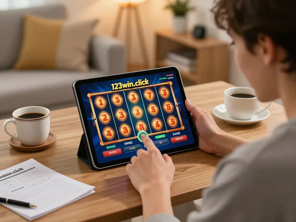 Engaging moment at 123win.click where a user spins an online slot game using a tablet in a cozy home setting.