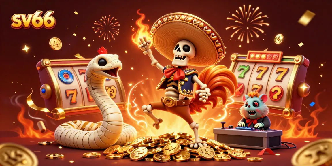 Celebrate winning at sv66 with vibrant cartoon characters amidst slot game excitement and golden coins.