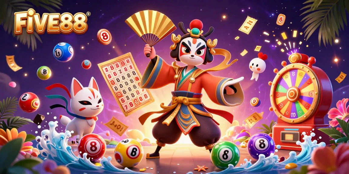 Experience the vibrant gaming atmosphere of FIVE88 with a kabuki warrior, lucky lottery balls, and prizes.