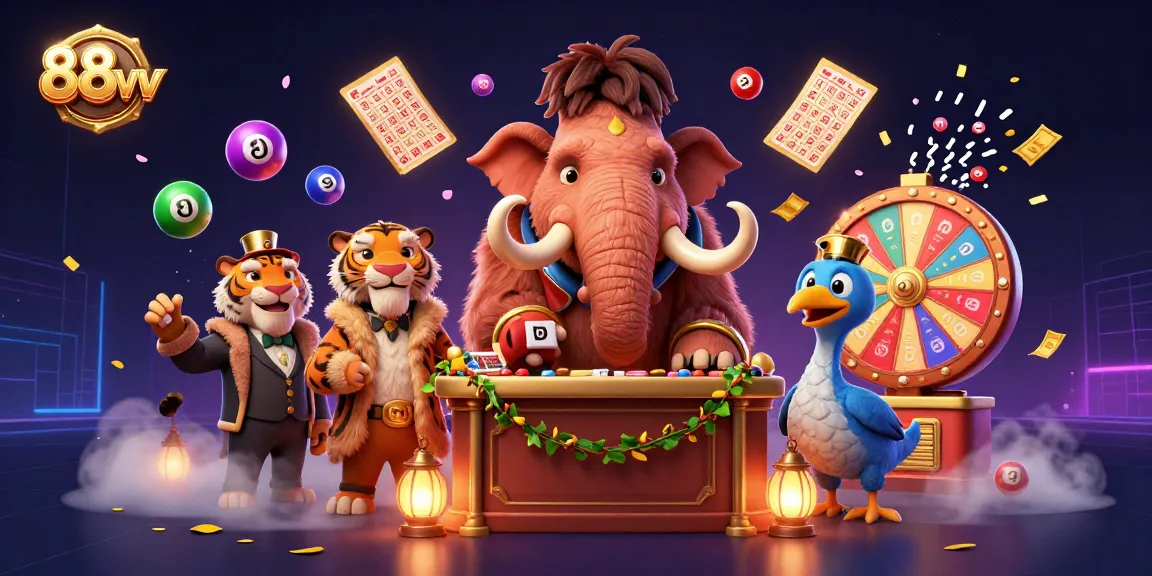 The vibrant scene at 88vv showcases a woolly mammoth checking IDs, with a saber-tooth tiger and dodo bird, surrounded by colorful lottery balls and casino elements.