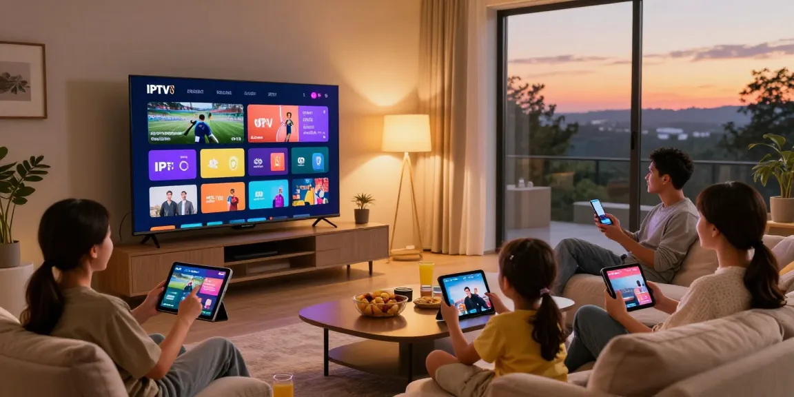 Familj som njuter av IPTV Nordic streamingtjänst i ett mysigt vardagsrum.