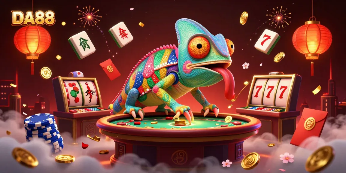 Experience the thrill of DA88 casino gaming with a vibrant chameleon and rich game elements.