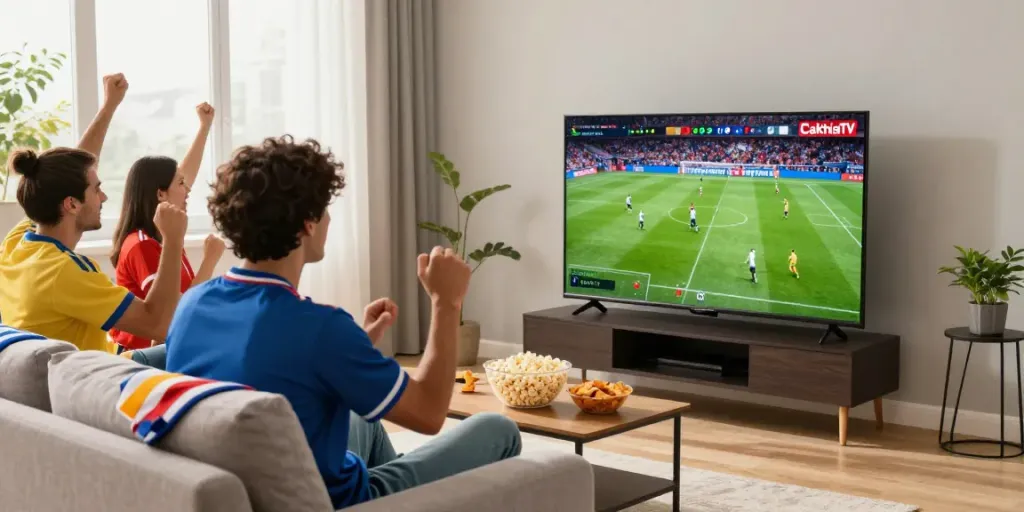 Football fan enjoying a live match on cakhiatv.team in a cozy living room.