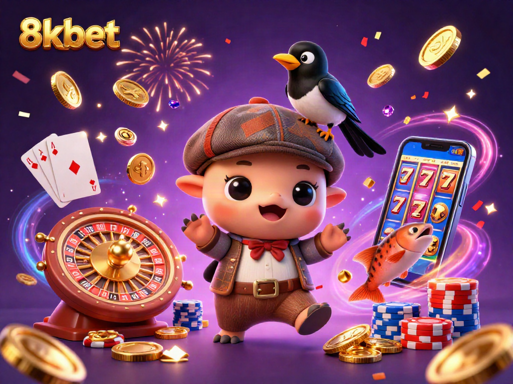 Spin and win at 8xbet with cartoon baby Nessie and festive casino elements!