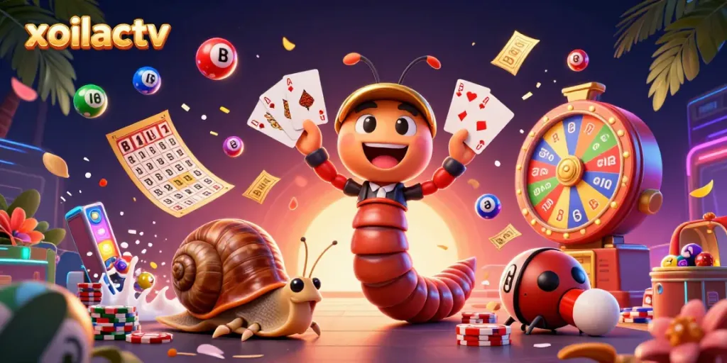 Experience the vibrant energy of xoilactv with a cartoon millipede dealer and interactive gaming elements.