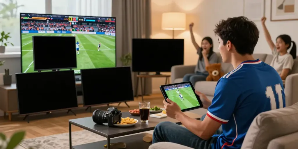 Engaged football fan using thapcamtv.ac on multiple screens during a match.