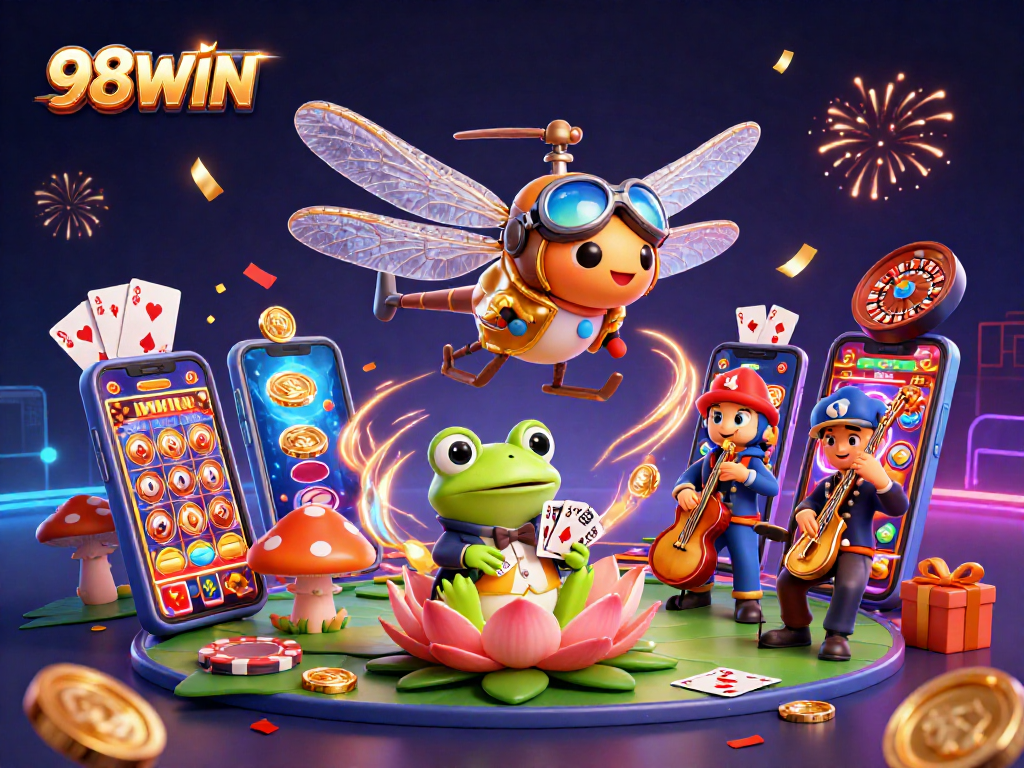 Experience thrilling gaming with 98WIN at a lively lily pad casino featuring a dragonfly pilot and frog croupier.