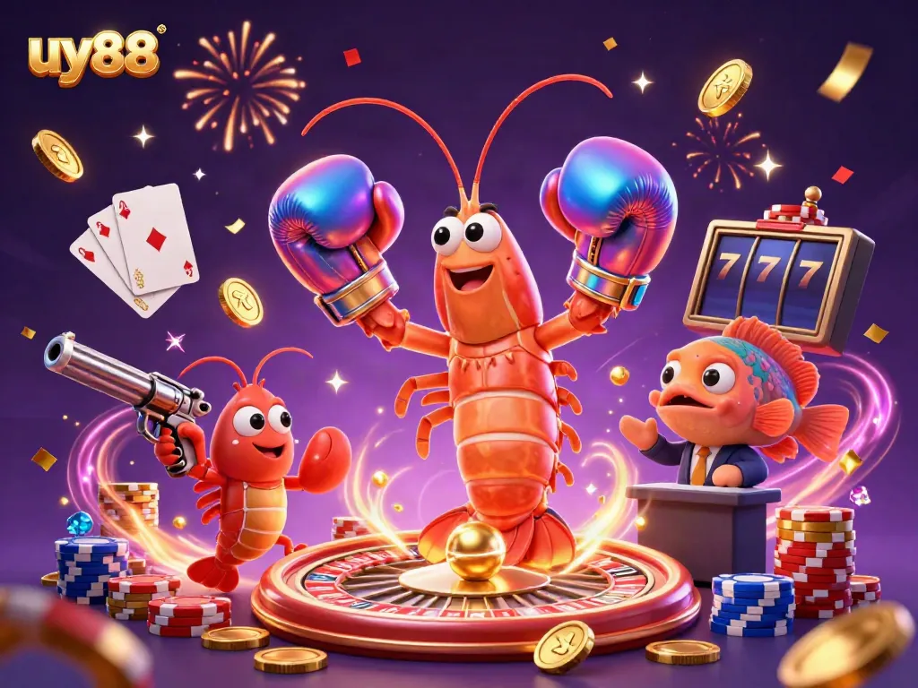Experience exciting gaming moments with uy88 as the vibrant mantis shrimp and friends celebrate wins in a casino.
