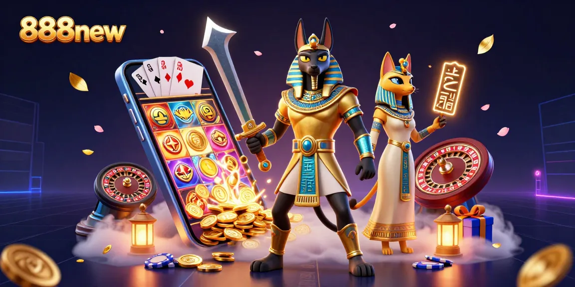 Engage with 888new's vibrant gaming scene featuring Anubis and Bastet amidst slot games and treasures.