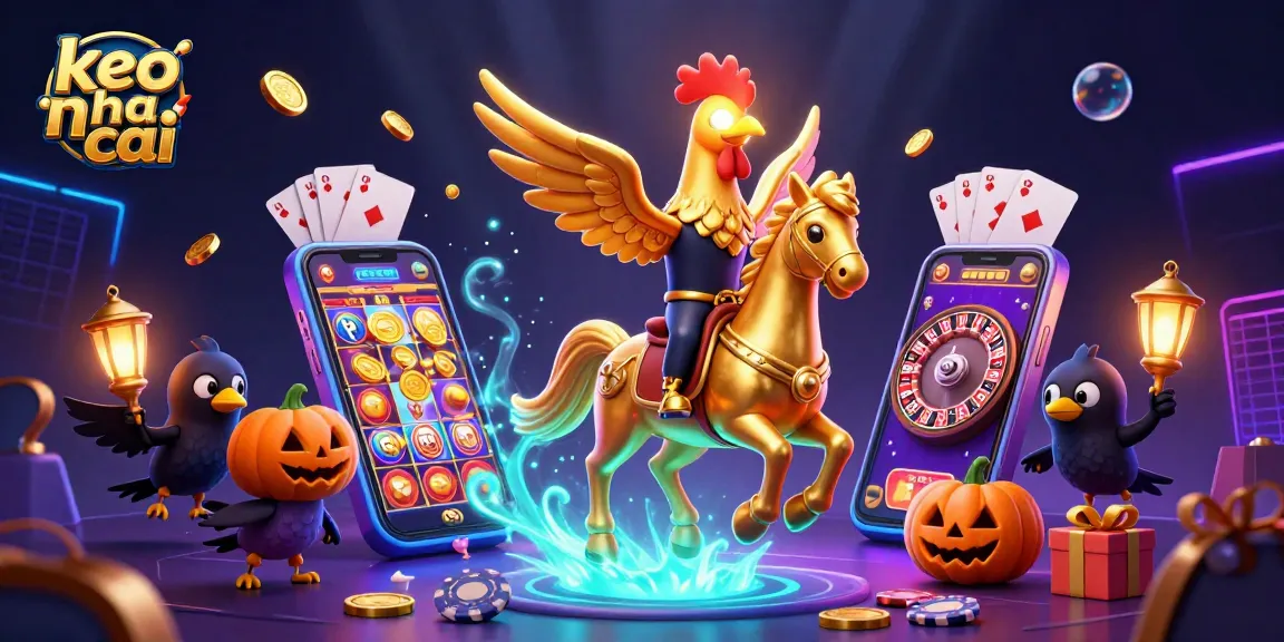 Experience thrilling keo nha cai action with a golden rooster riding through a neon casino adventure.
