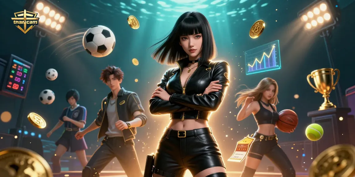 Experience betting excitement with thapcam as Asian woman engages in a thrilling game surrounded by sports elements.