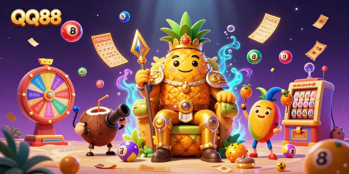 Engage with the thrilling QQ88 casino scene showcasing a golden pineapple king and colorful gambling elements.