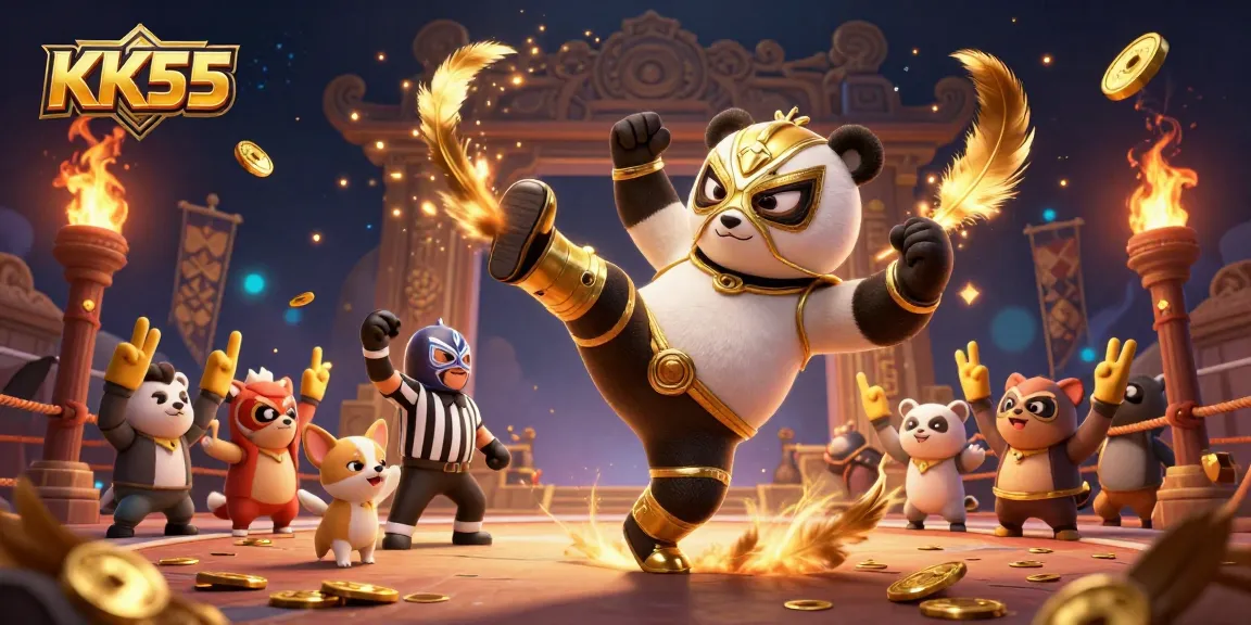 KK55 showcases a vibrant 3D scene with a panda wrestler, capturing thrilling gambling moments.