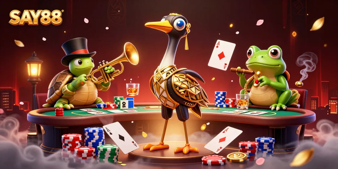 SAY88 showcases a vibrant casino scene with colorful poker elements and 3D cartoon characters in action.