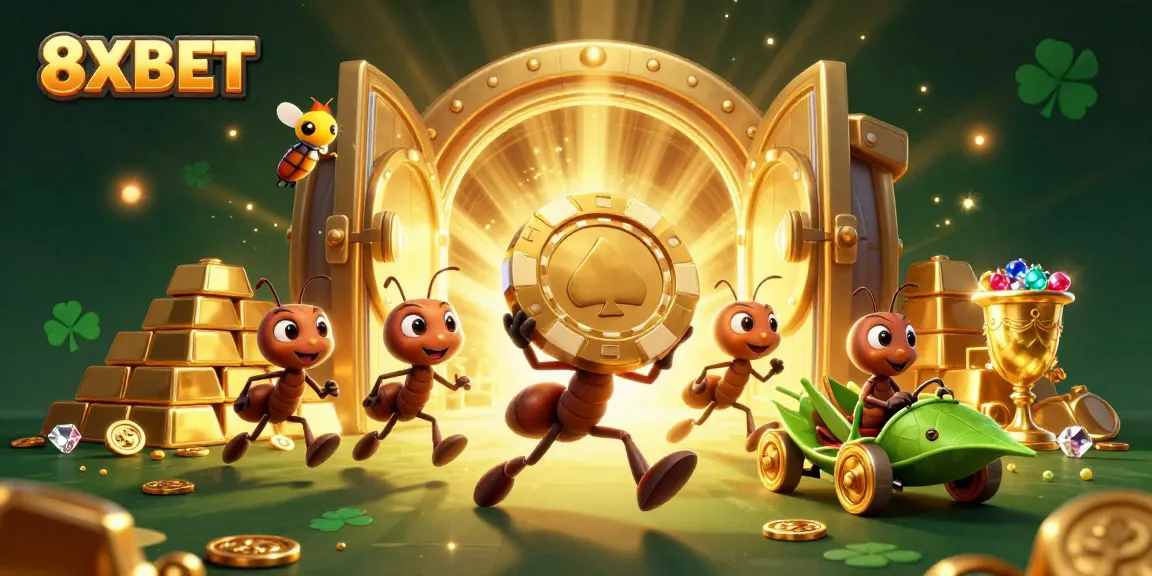 Join the heist with 8XBET's playful ants carrying a giant poker chip through a treasure-filled tunnel.