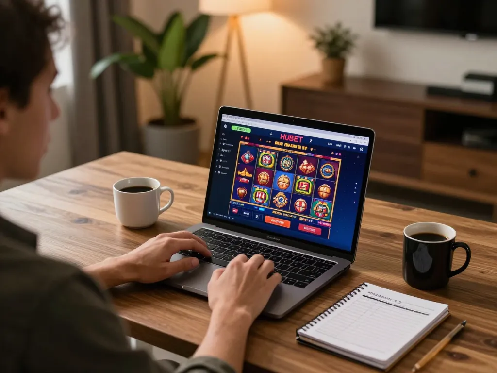 Play exciting slot games on HUBET in a modern home office setup with strategic notes