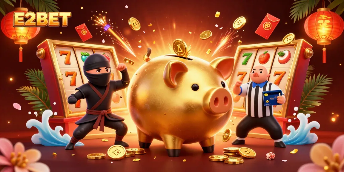 E2BET's thrilling gaming vibe illustrated with golden piggy bank sumo wrestler and dynamic casino visuals.