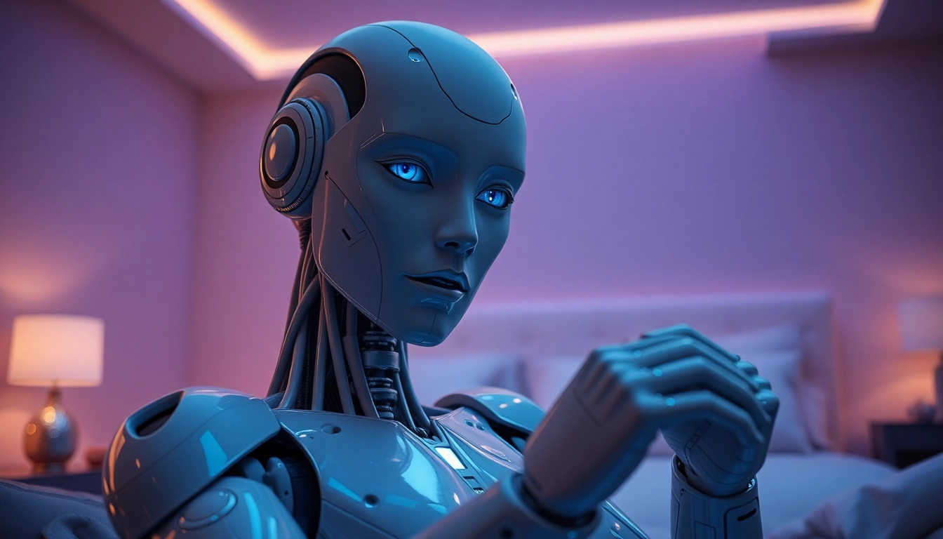 Lifelike sex bot in a futuristic bedroom, showcasing advanced technology and intimacy.