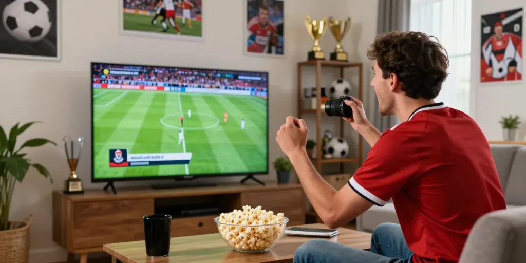 Engaged fan watching football on socolive8.media, vibrant living room atmosphere.