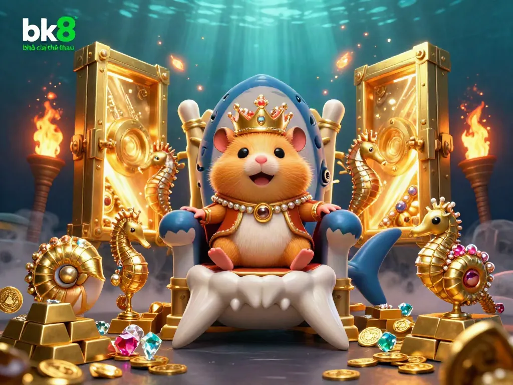 Experience the excitement of bk8 nhà cái thể thao with a golden hamster king ruling from a megalodon throne amid treasures.