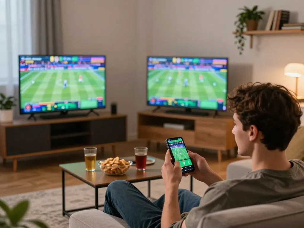 Engaging with thabet platform during sports betting on smartphone in a modern living room.