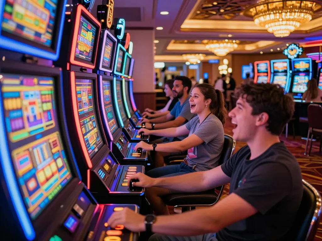 Players enjoying their time at PUB88's vibrant slot machines, showcasing excitement and engagement in a lively casino atmosphere
