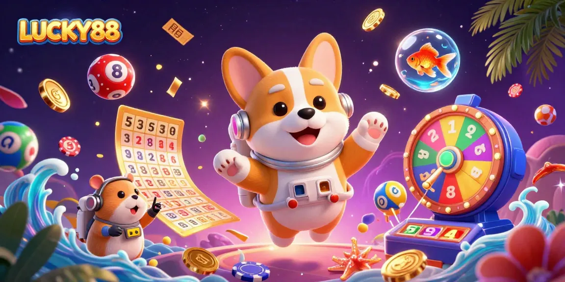 Spin and win big with LUCKY88 in this vibrant 3D casino-themed illustration showcasing immersive gaming elements.