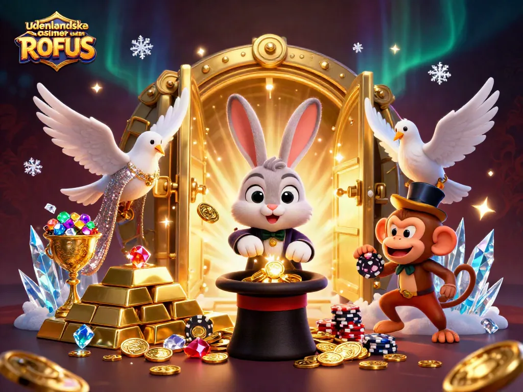 Engage with udenlandske casinoer uden ROFUS as a magician rabbit conjures golden coins amidst vibrant casino elements.