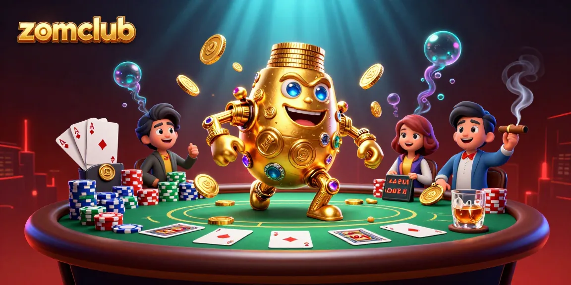 Play exciting games at zomclub with a dynamic casino scene featuring golden golems and poker action.