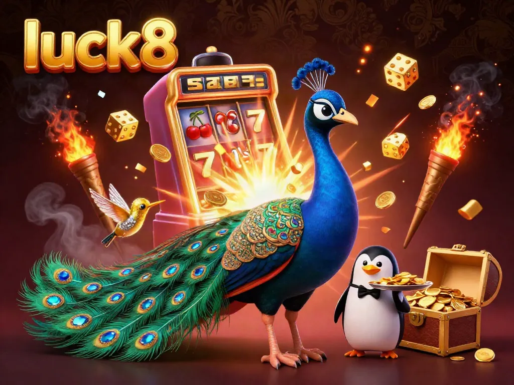 Experience the thrill of luck8 with dazzling casino elements bursting in a vibrant scene with a peacock, penguin, and hummingbird.