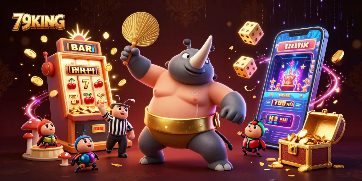 Experience exciting wins with 79KING as the rhinoceros beetle champion stomps golden coins in this vibrant casino scene.