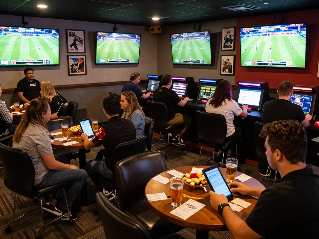 Fans engaging with mobile betting at https://sv368com.biz/ during live sports events in a lively lounge.